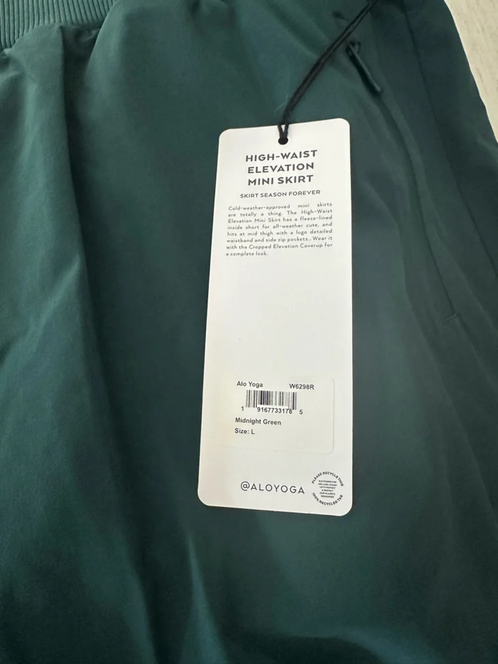 NWT: ALO Yoga Women's High Waist Elevation Mini Skirt, Midnight Green, Large